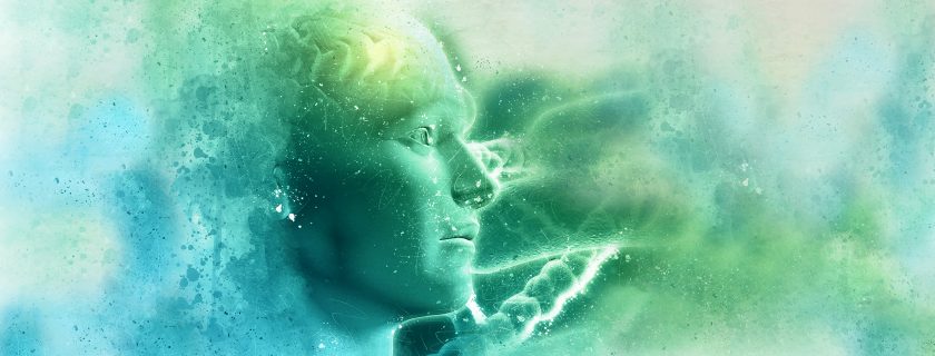 3D grunge DNA medical background with male figure with brain and virus cells